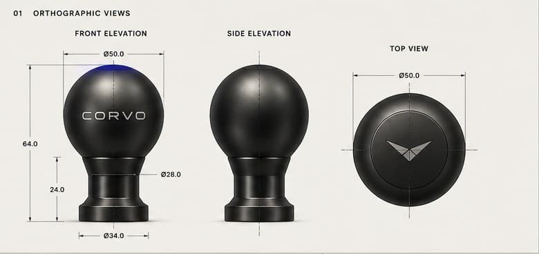 Early concept sheet orthographic views of the shift knob with dimension callouts