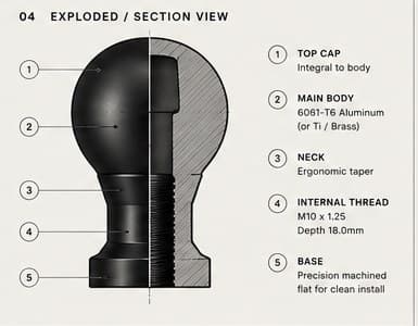 Early concept sheet exploded and section view of the shift knob showing top cap, main body, neck, internal thread, and base