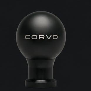 Concept render of the CORVO-001 shift knob in black anodized aluminum; mark shown is not final