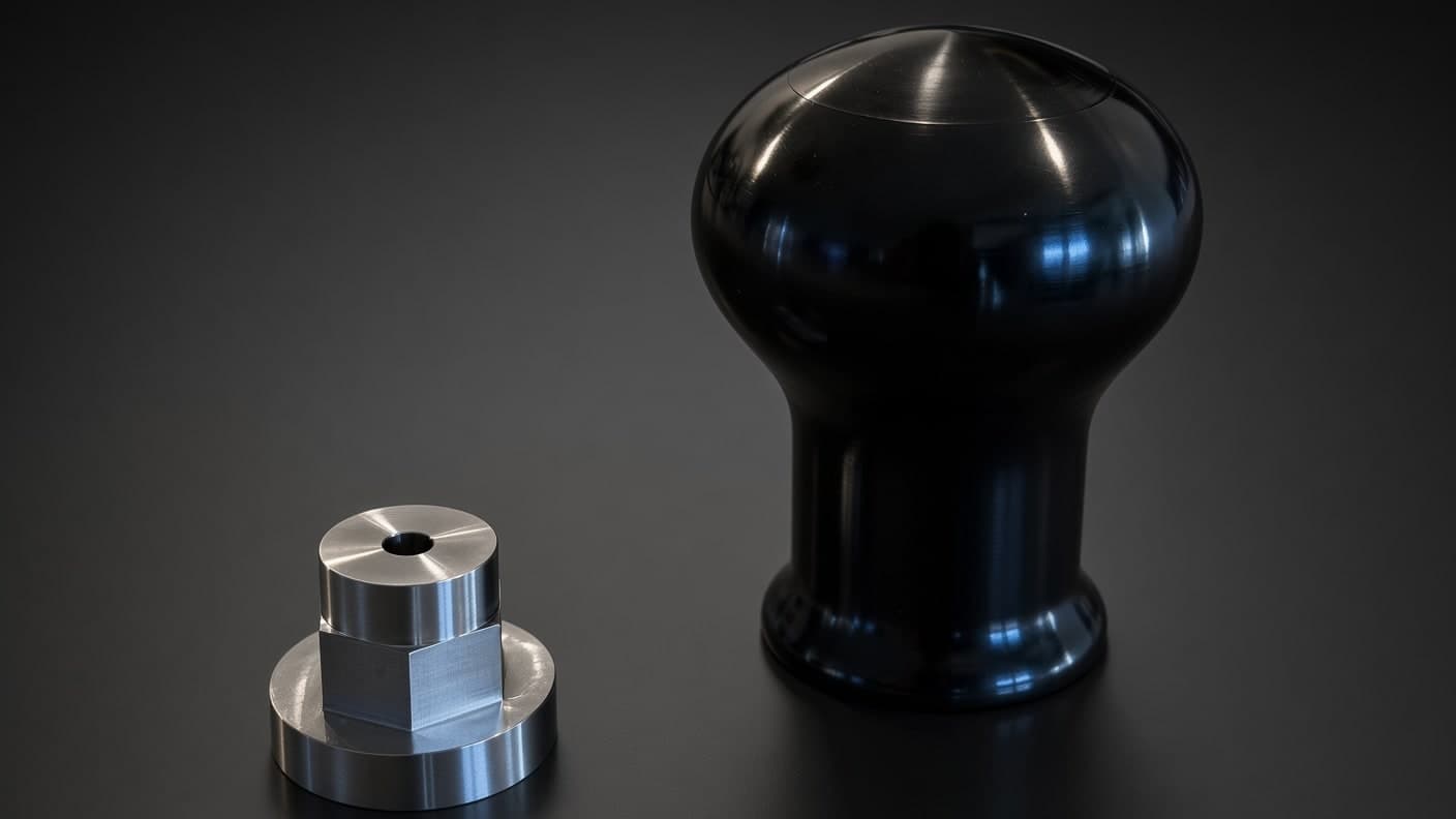 Photograph of the machined CORVO-001 prototype: the black anodized aluminum knob body beside its steel thread adapter